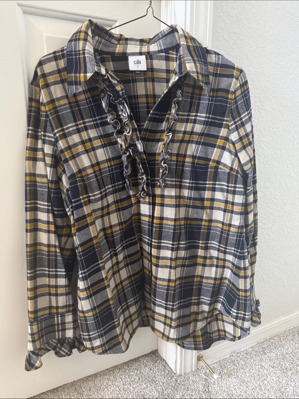 CAbi Navy, Mustard & Cream Plaid Ruffle-Front Button-Down